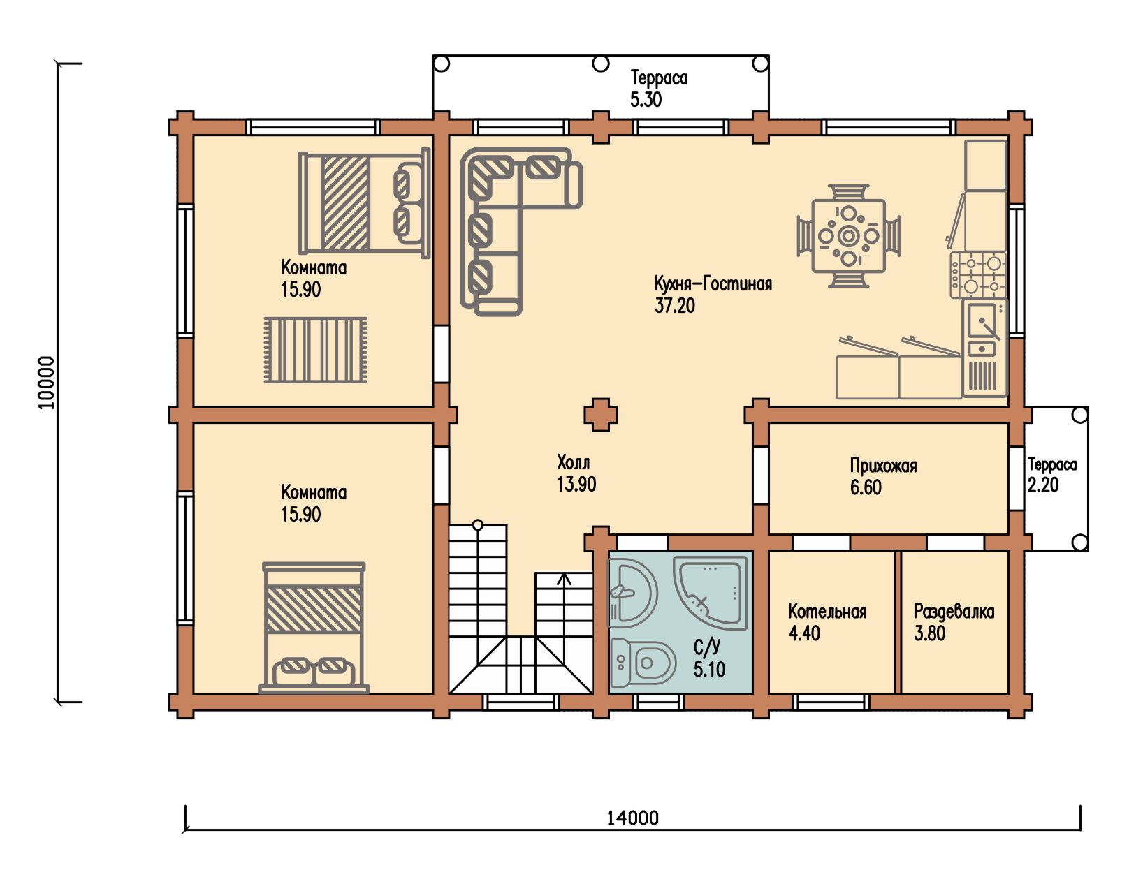 Проект 1.5 этажного дома из бруса в чашу 10.0 на14.0 Новый быт планировка